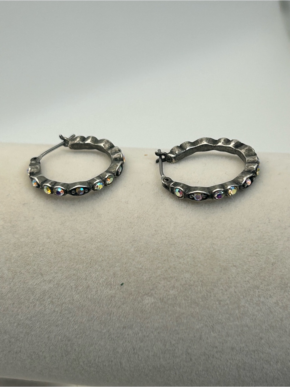 Vintage Silver Crystal Hoop Earrings About 3/4"